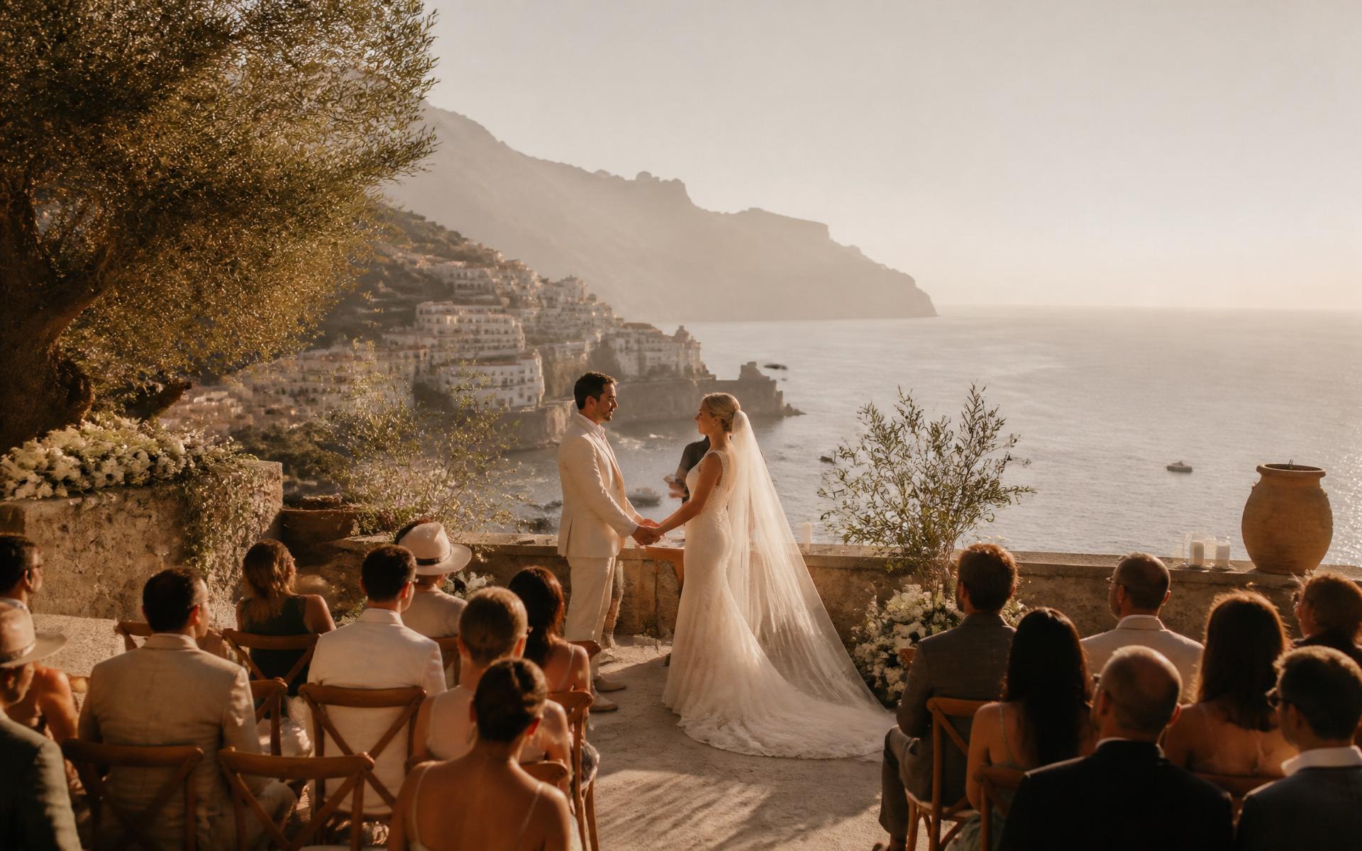 A small wedding ceremony on a cliffside terrace above the Mediterranean at golden hour